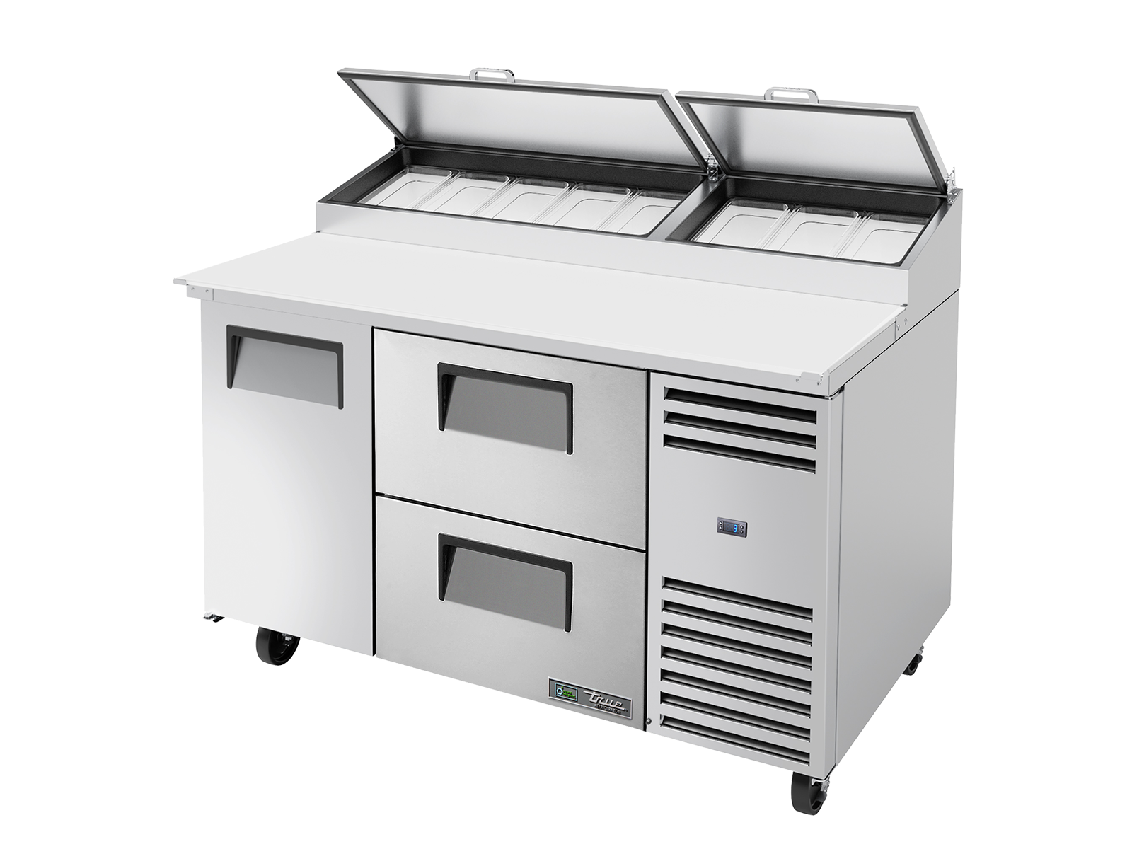True - Pizza Prep Table, 8x 1/3 Top Pans, 2 Drawers + 1 Solid Swing Door
