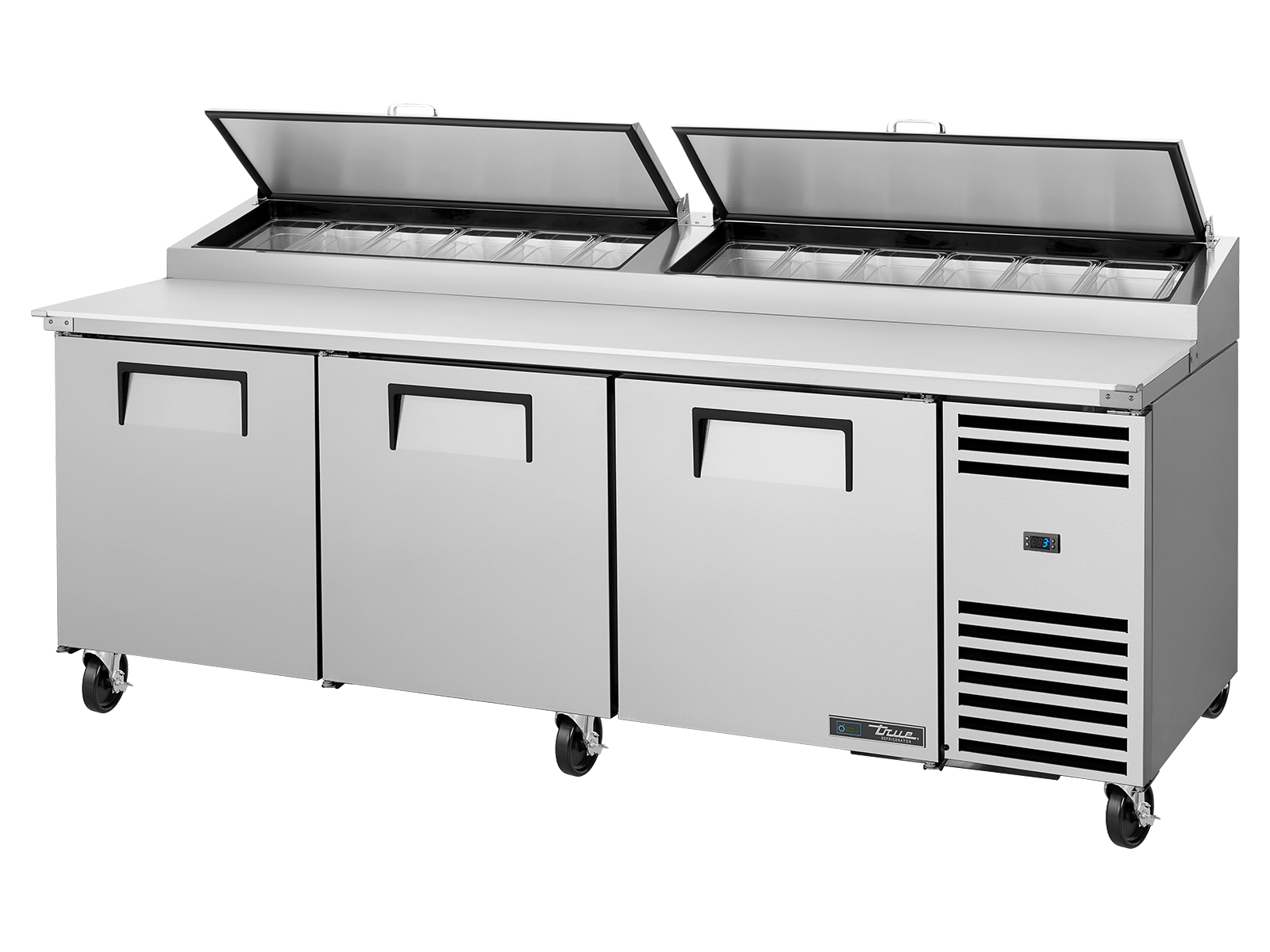 True - Pizza Prep Table, 12x 1/3 Top Pans, 3 Solid Swing Doors