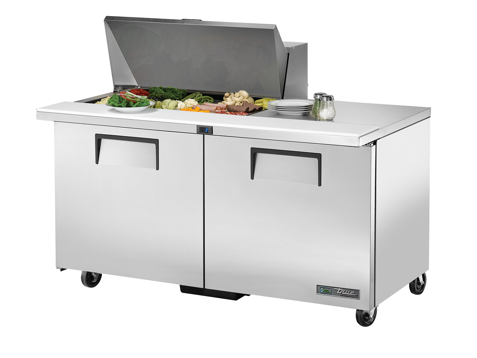 True - Prep Table, 15x 1/6 Top Pans, 2 Solid Swing Doors