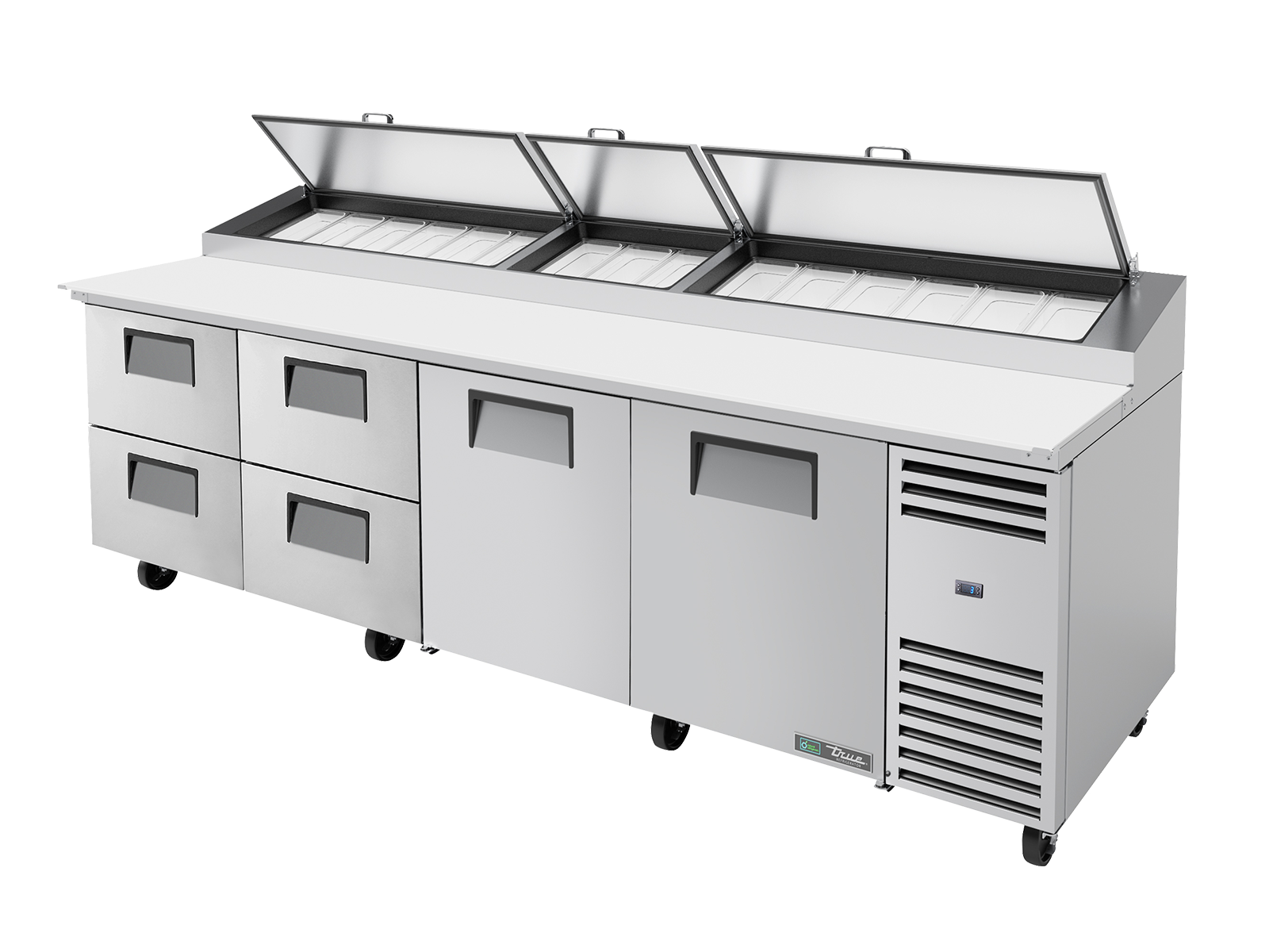 True - Pizza Prep Table, 15x 1/3 Top Pans, 4 Drawers + 2 Solid Swing Doors