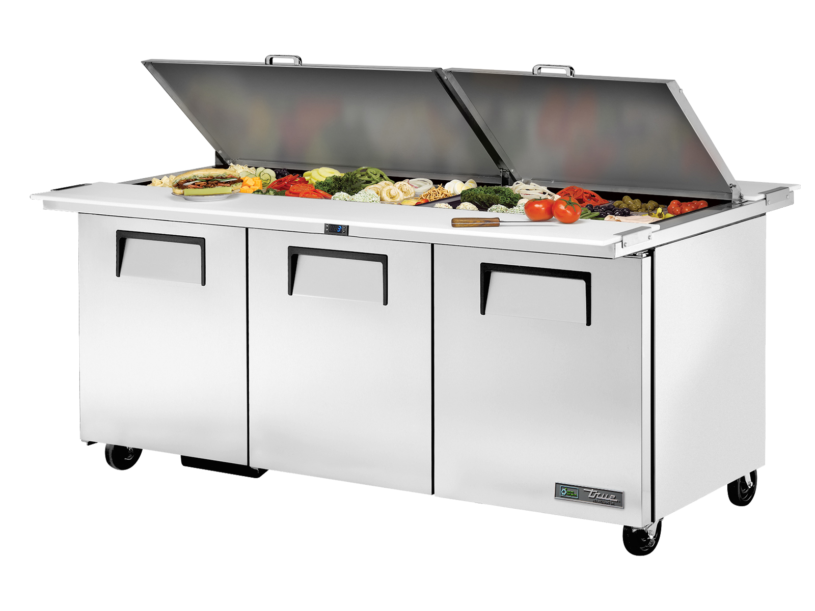 True - "Dual-Sided"Prep Table, 30x 1/6 Top Pans, 3 Solid Swing Doors
