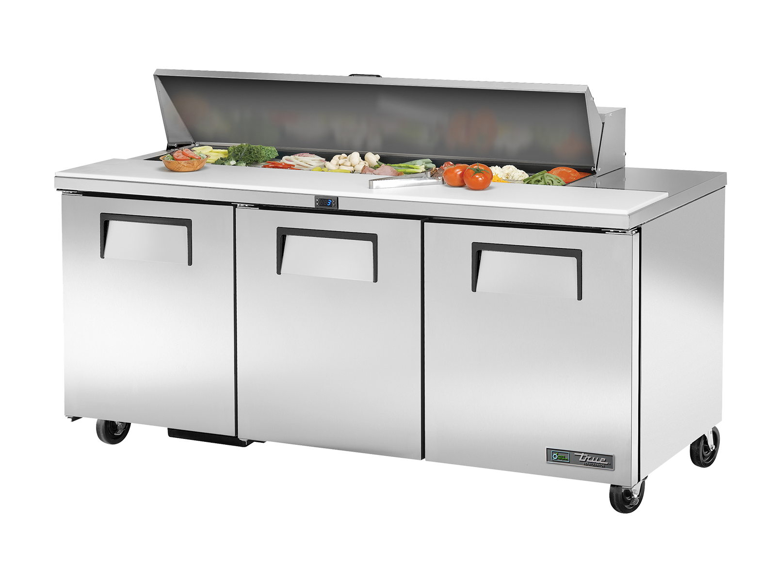True - Prep Table, 16x 1/6 Top Pans, 3 Solid Swing Doors