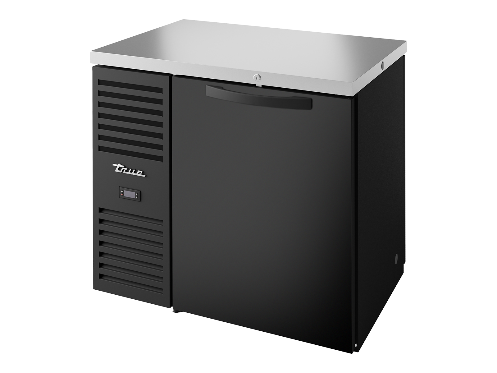 True - "Pass-Thru" Bar Refrigerator, Black Ext, 1 Solid Swing Door Front, 1 Solid Swing Door Rear