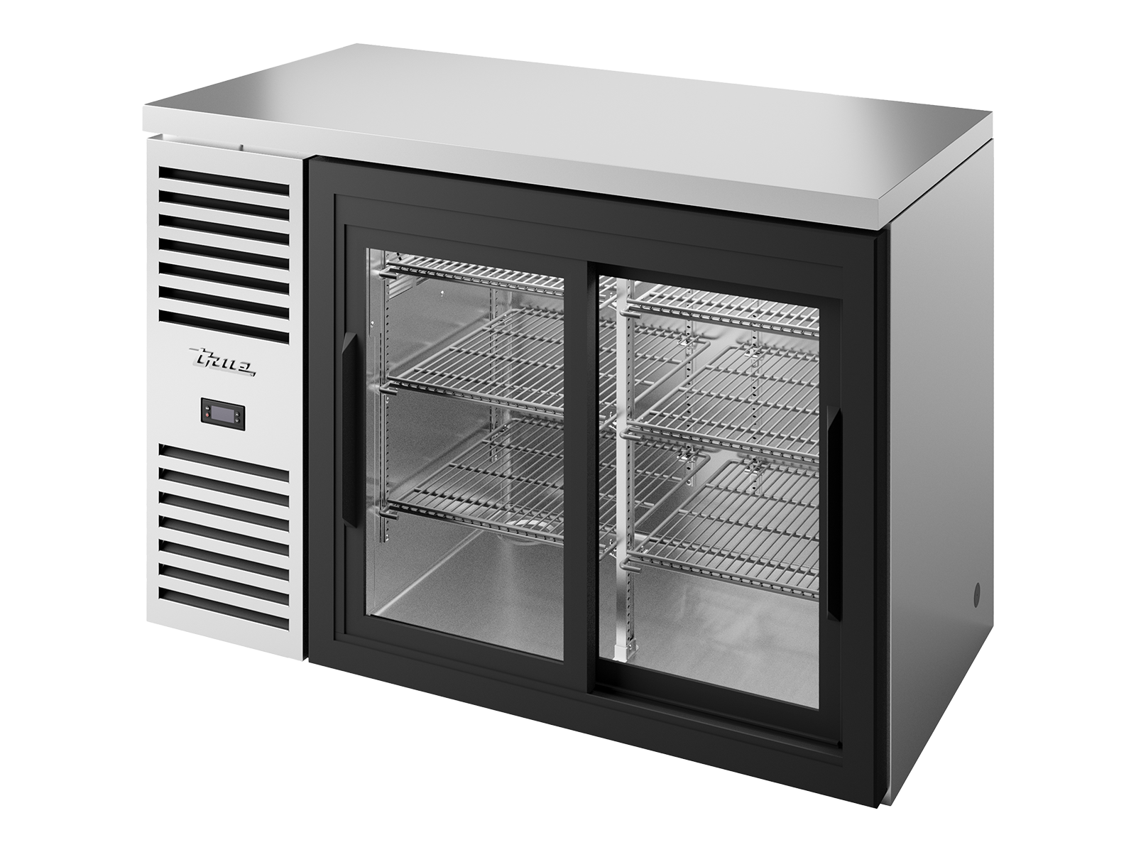 True - Bar Refrigerator, Stainless Steel Ext, 2 Glass Slide Doors