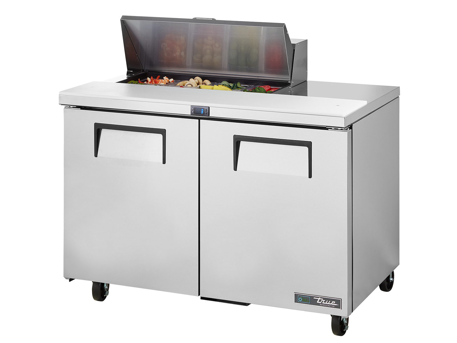 True - Prep Table, 8x 1/6 Top Pans, 2 Solid Swing Doors
