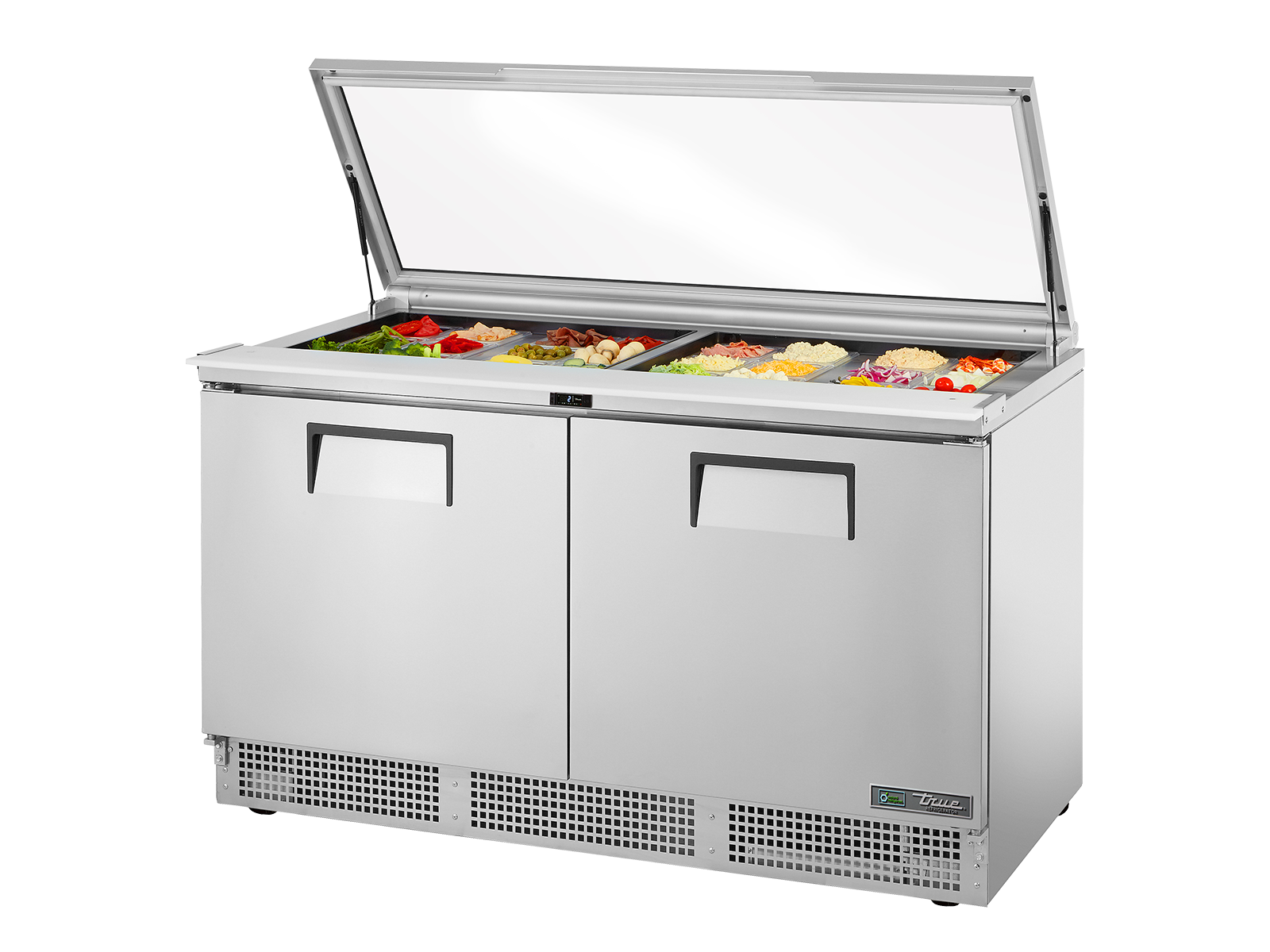 True - Glass Lid Prep Table, 24x 1/6 Top Pans, 2 Solid Swing Doors