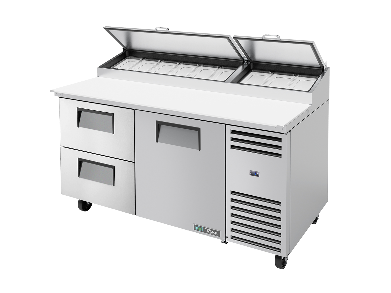 True - Pizza Prep Table, 9x 1/3 Top Pans, 2 Drawers + 1 Solid Swing Door