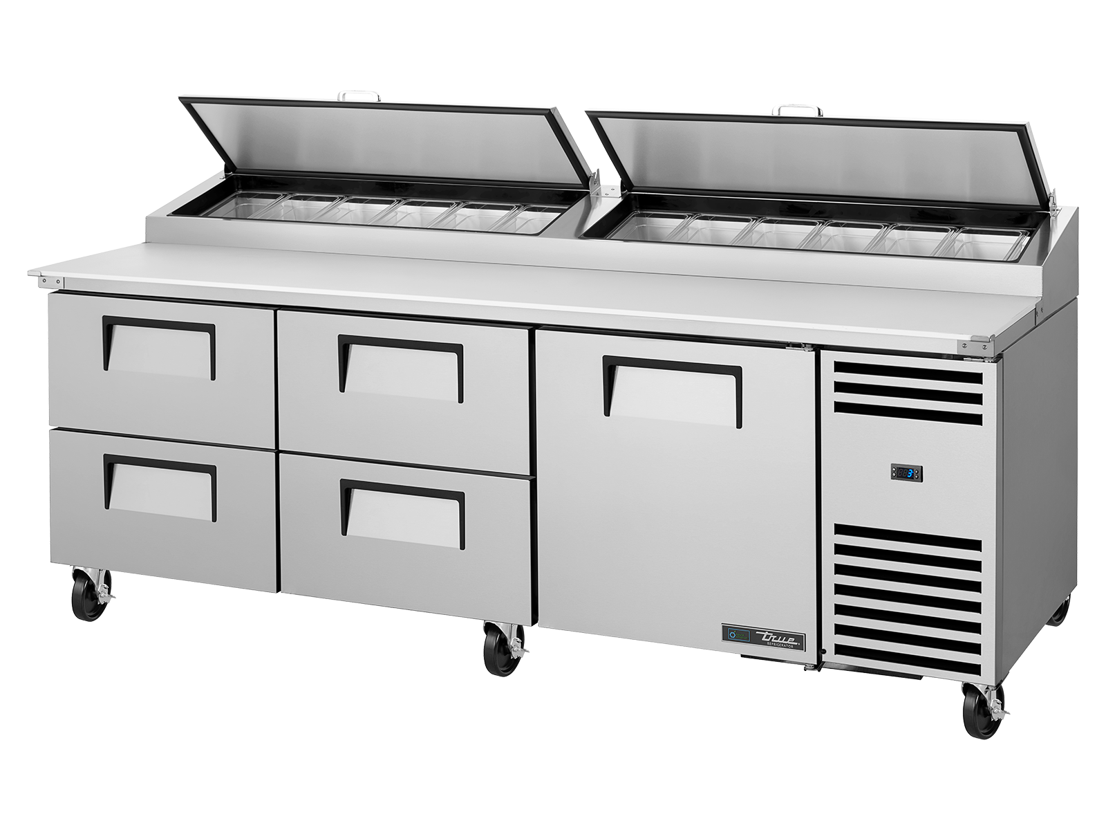 True - Pizza Prep Table, 12x 1/3 Top Pans, 4 Drawers + 1 Solid Swing Door