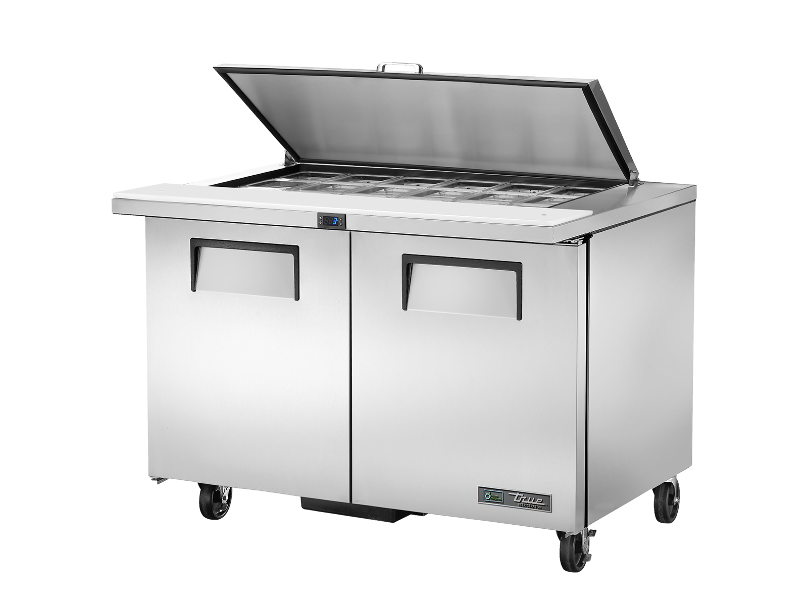 True - Prep Table, 18x 1/6 Top Pans, 2 Solid Swing Doors, Removable lids