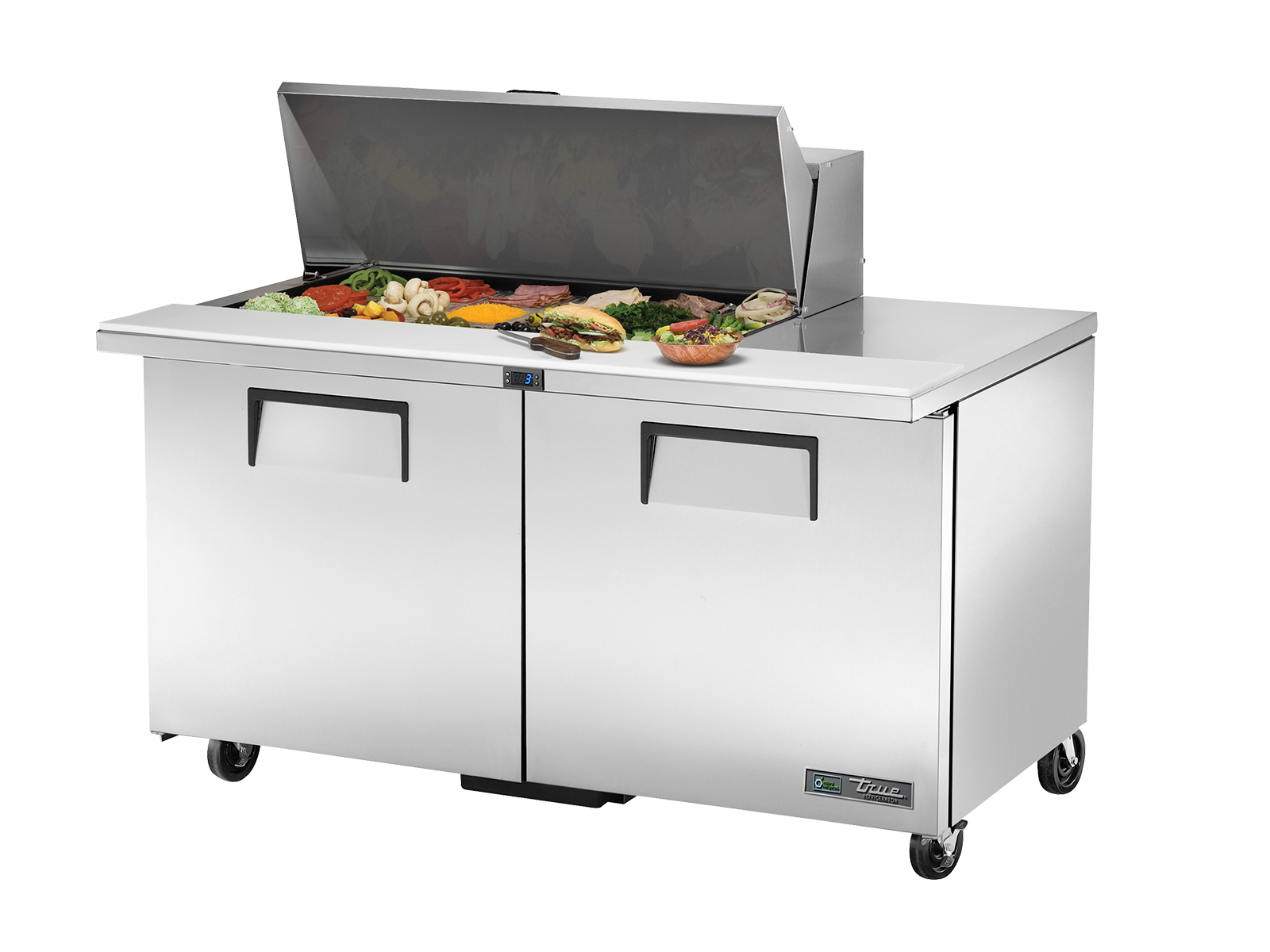 True - Prep Table, 18x 1/6 Top Pans, 2 Solid Swing Doors