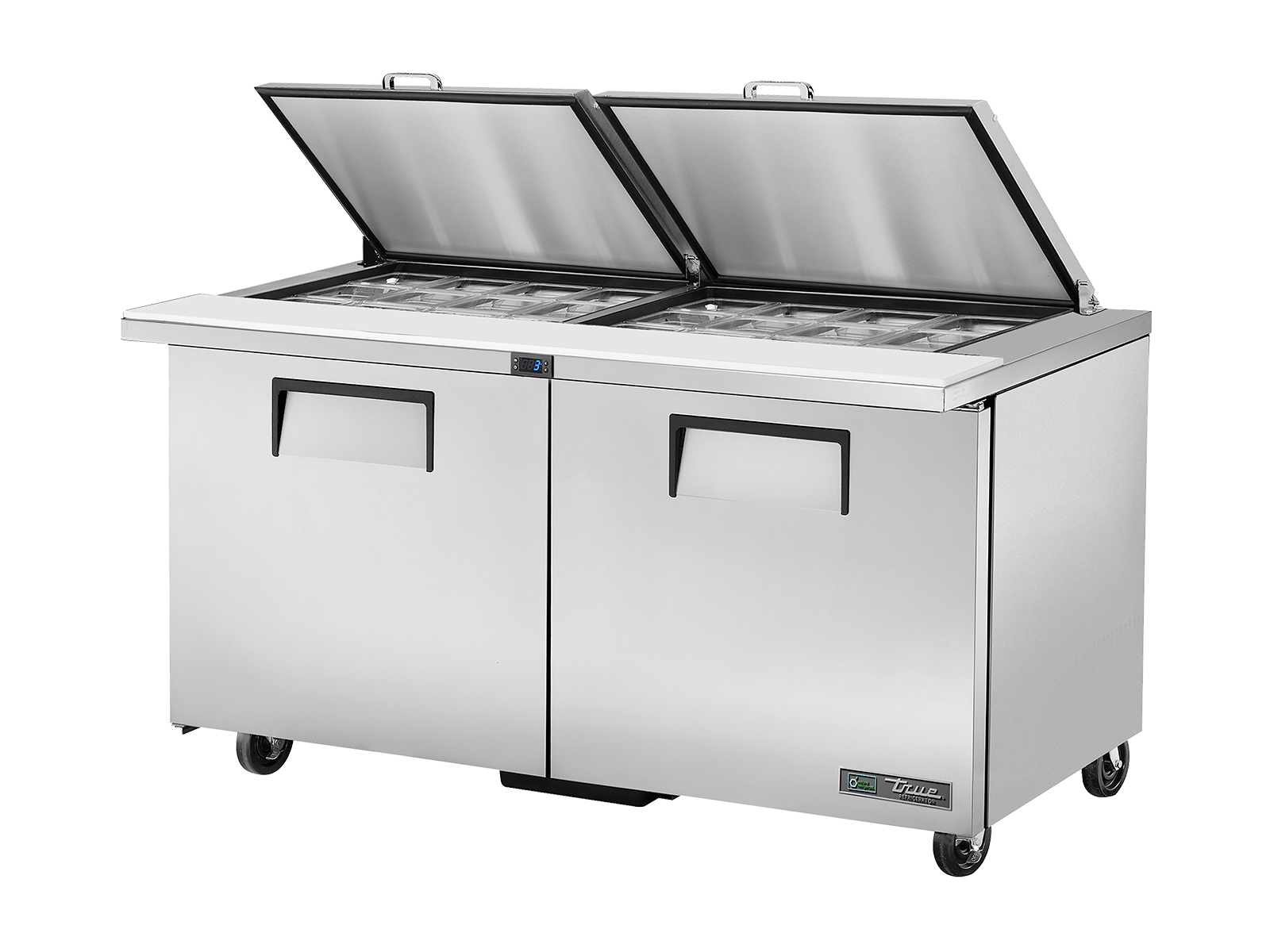 True - Prep Table, 24x 1/6 Top Pans, 2 Solid Swing Doors, Removable lids