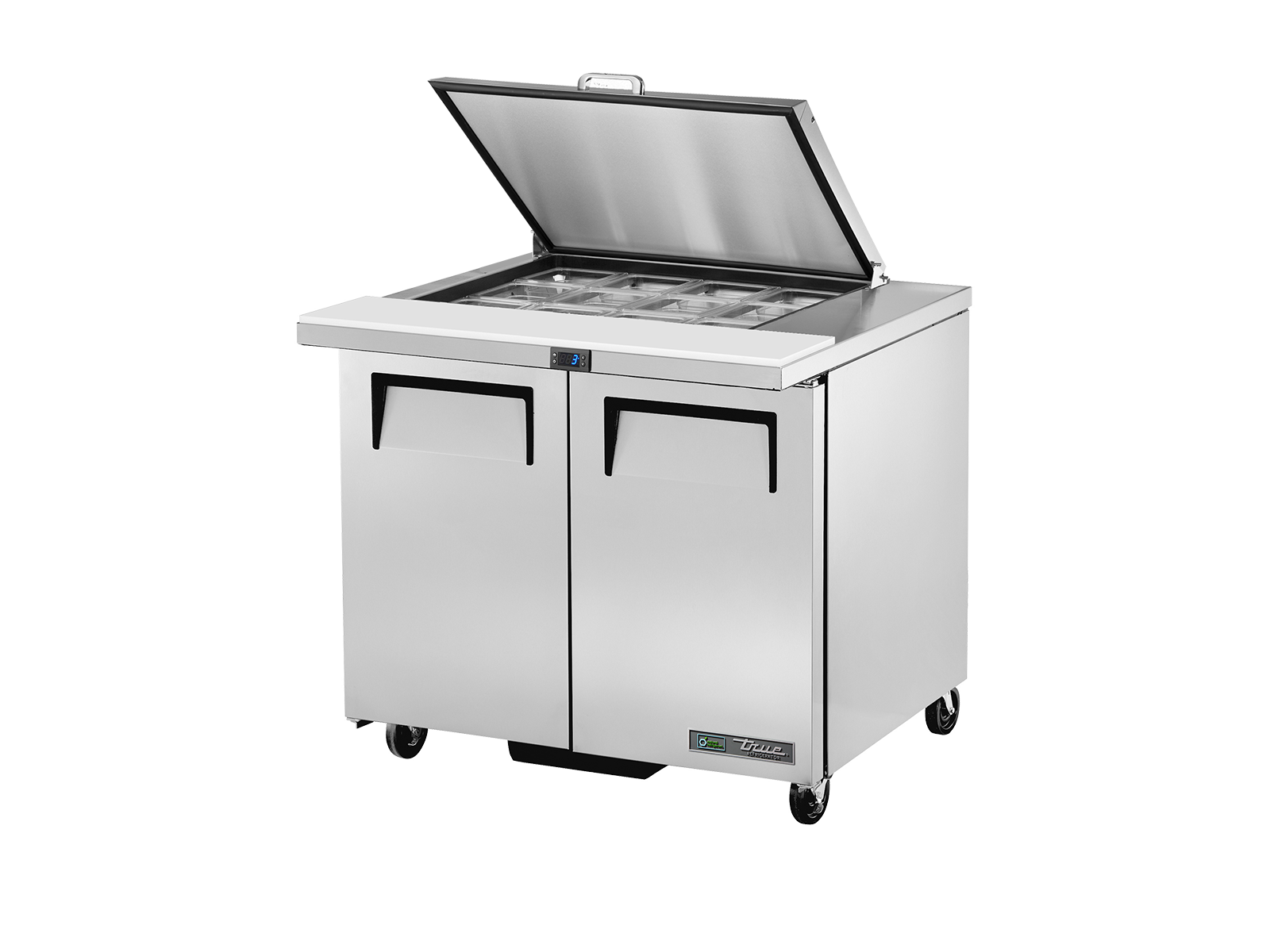 True - Prep Table, 12x 1/6 Top Pans, 2 Solid Swing Doors, Removable lids