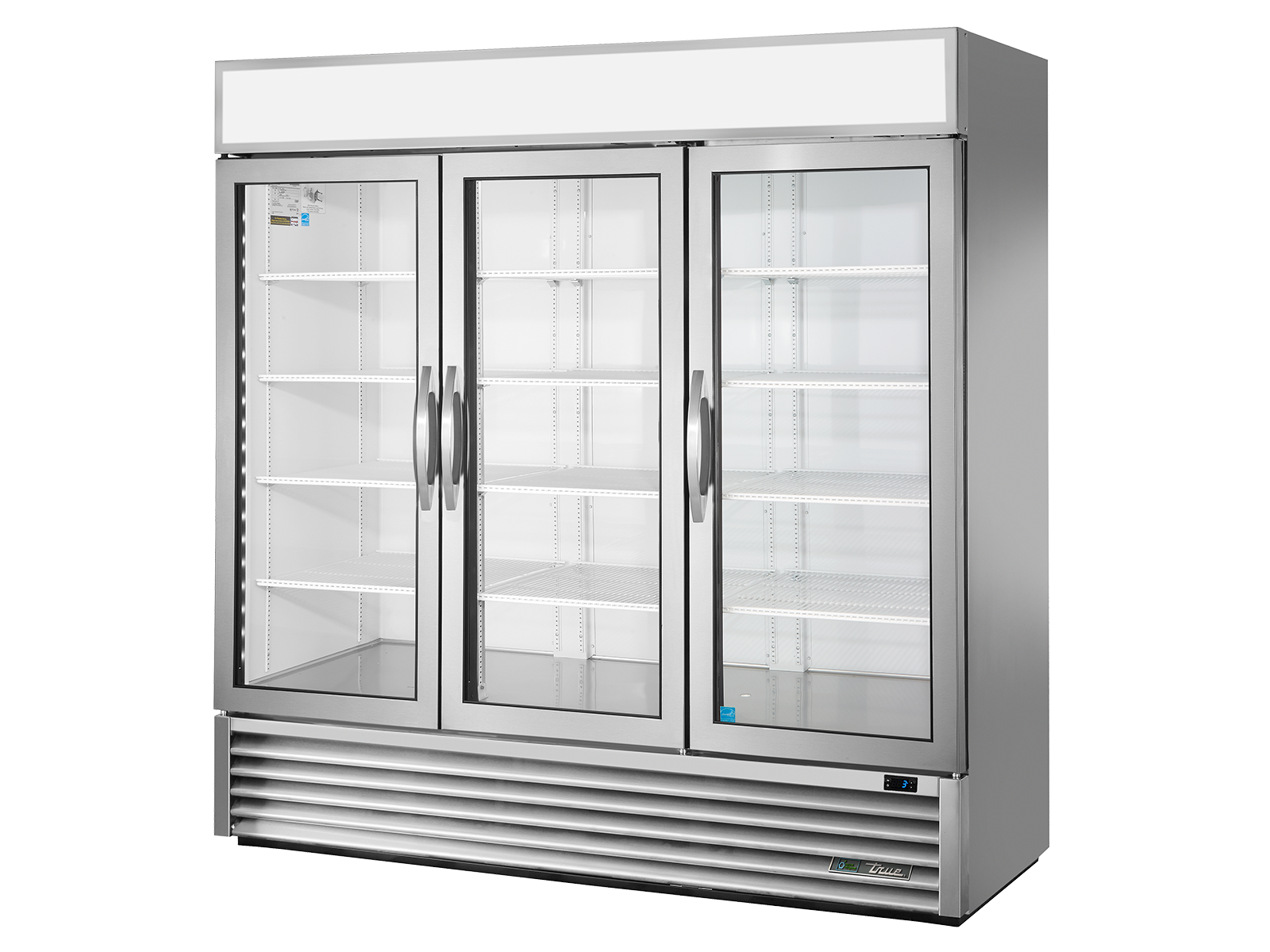 True - Upright Retail Merchandiser Refrigerator, 3 Full Glass Swing Doors