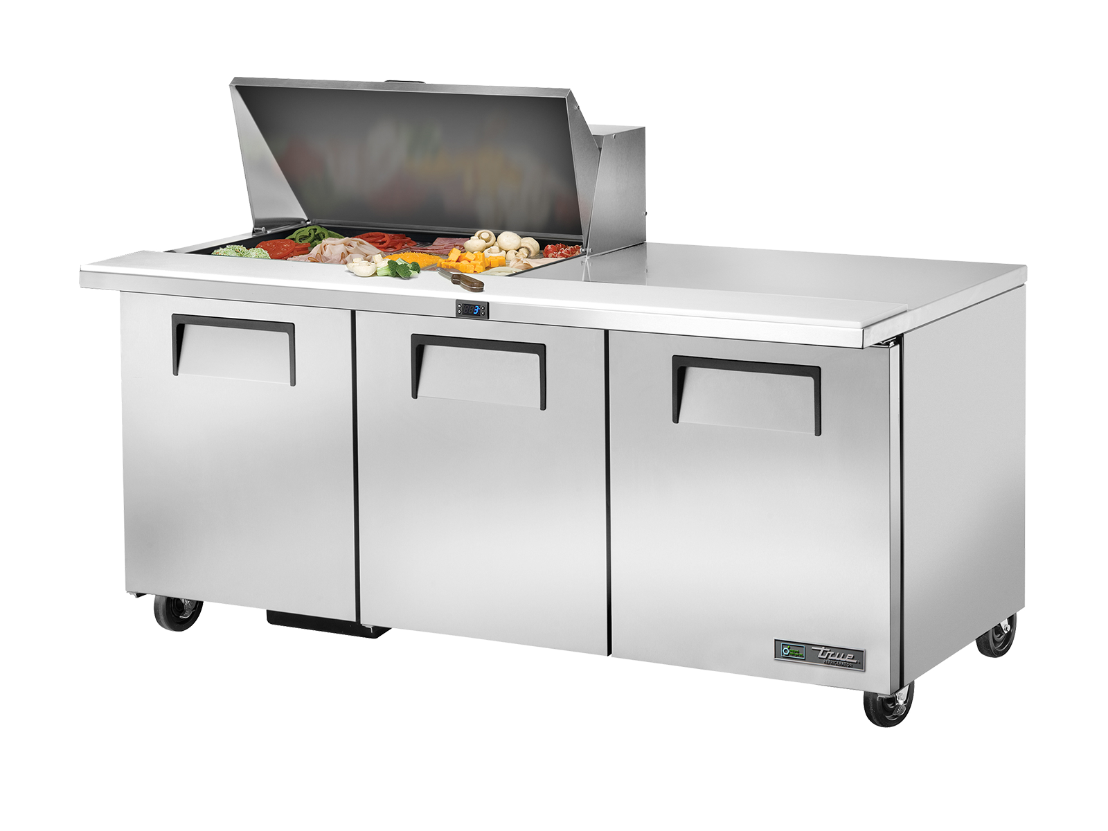 True - Prep Table, 15x 1/6 Top Pans, 3 Solid Swing Doors
