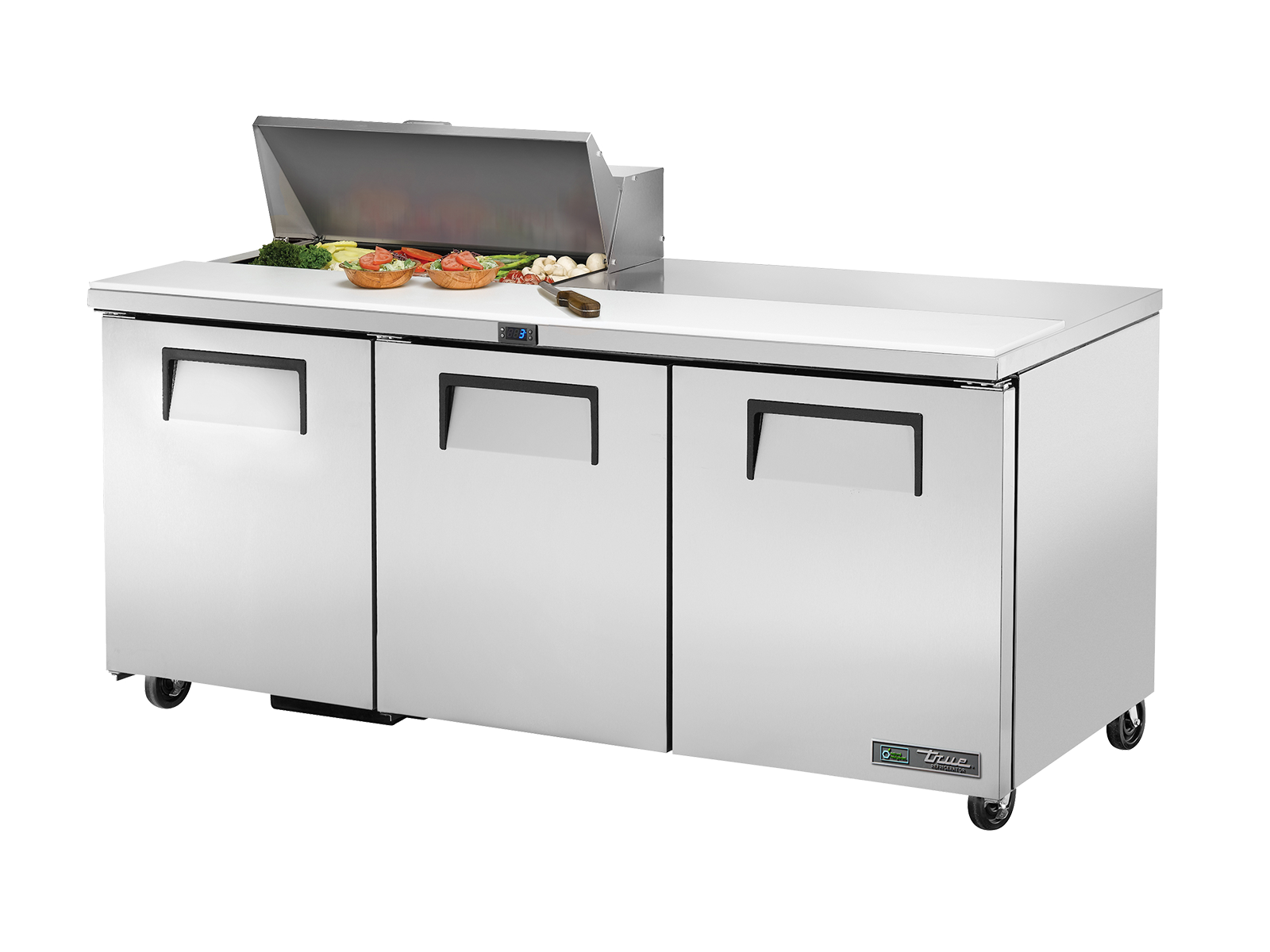 True - Prep Table, 8x 1/6 Top Pans, 3 Solid Swing Doors