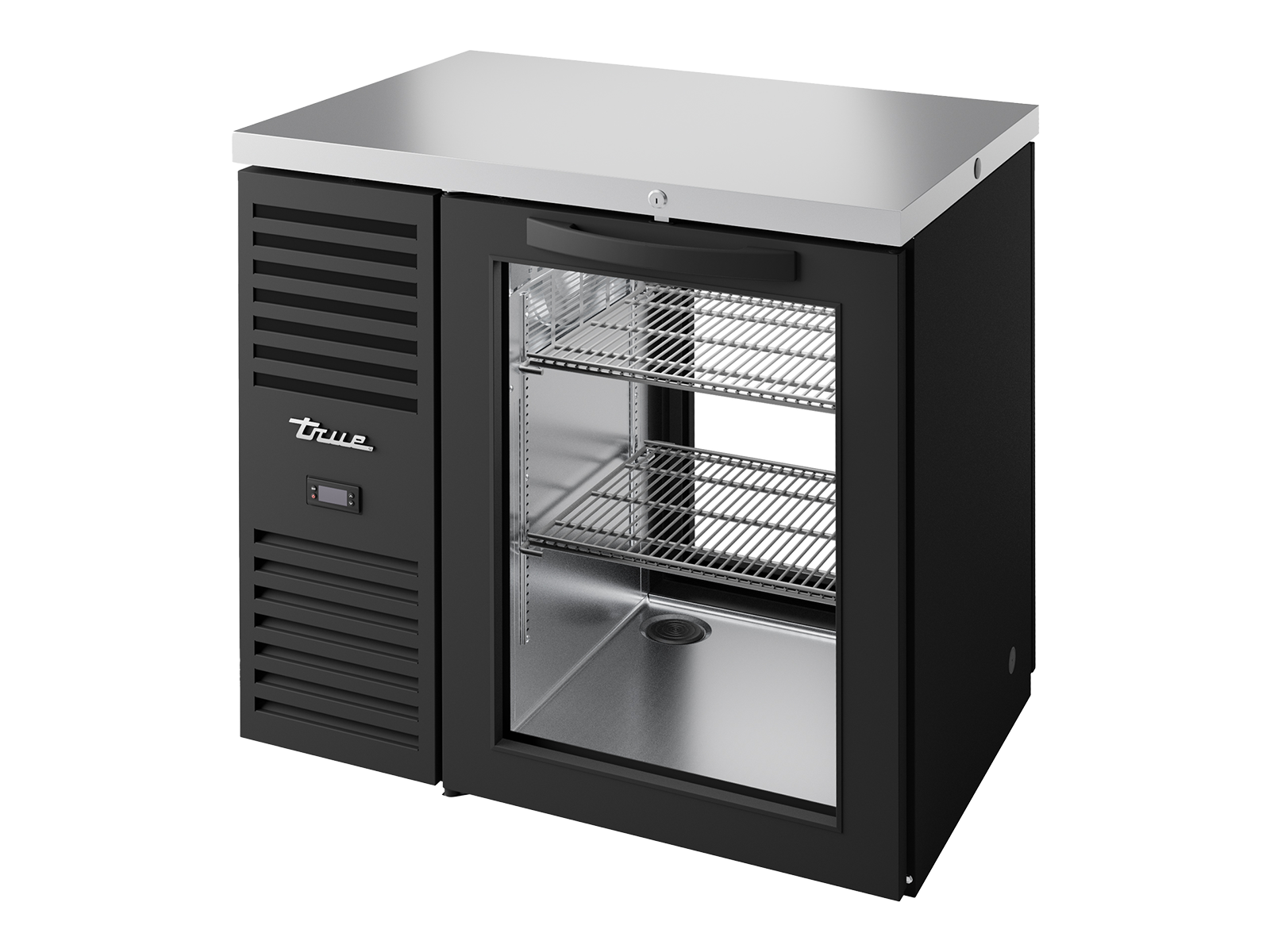 True - "Pass-Thru" Bar Refrigerator, Black Ext, 1 Glass Swing Door Front, 1 Glass Swing Door Rear