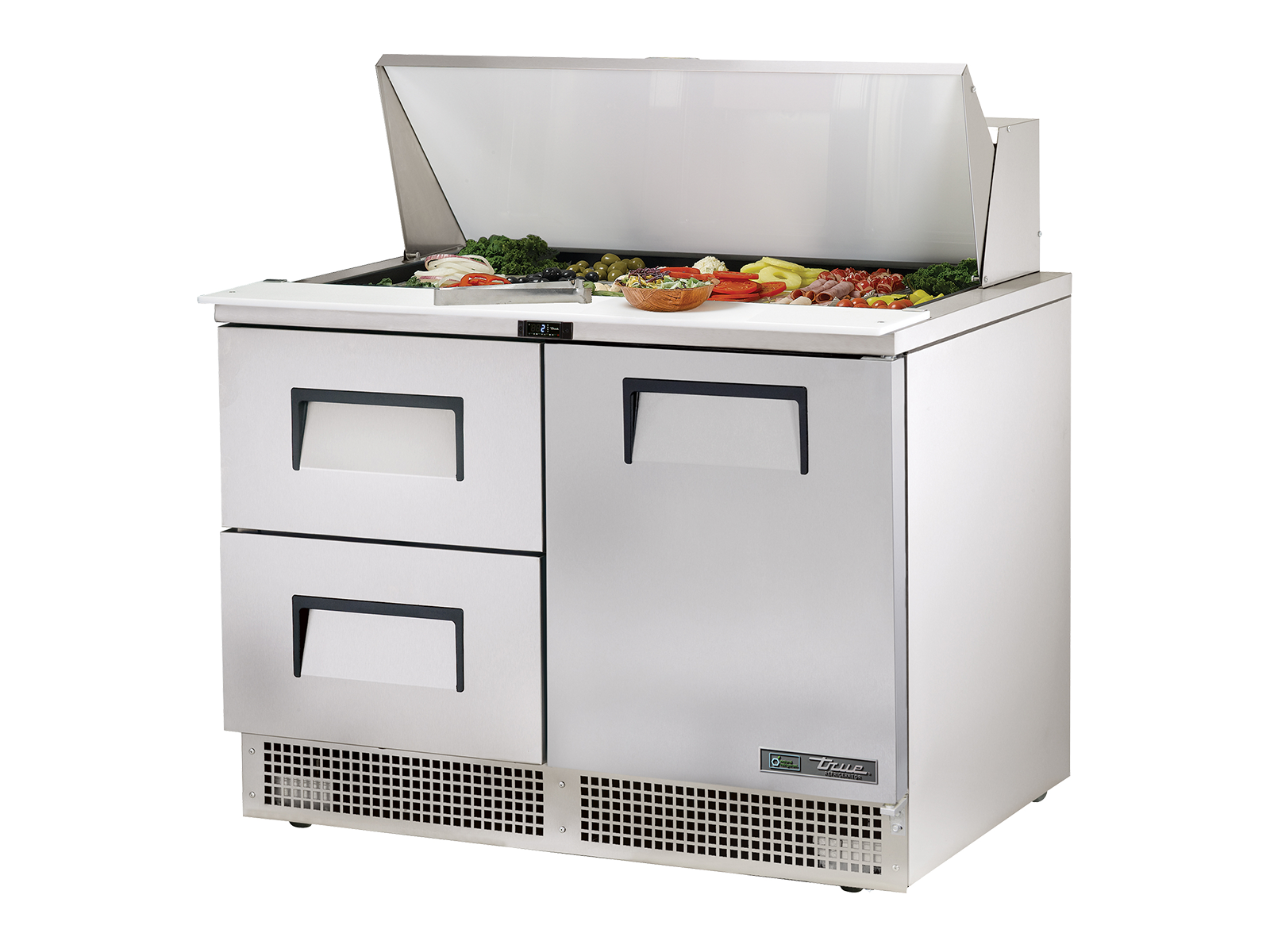 True - Prep Table, 18x 1/6 Top Pans, 2 Drawers + 1 Solid Swing Door