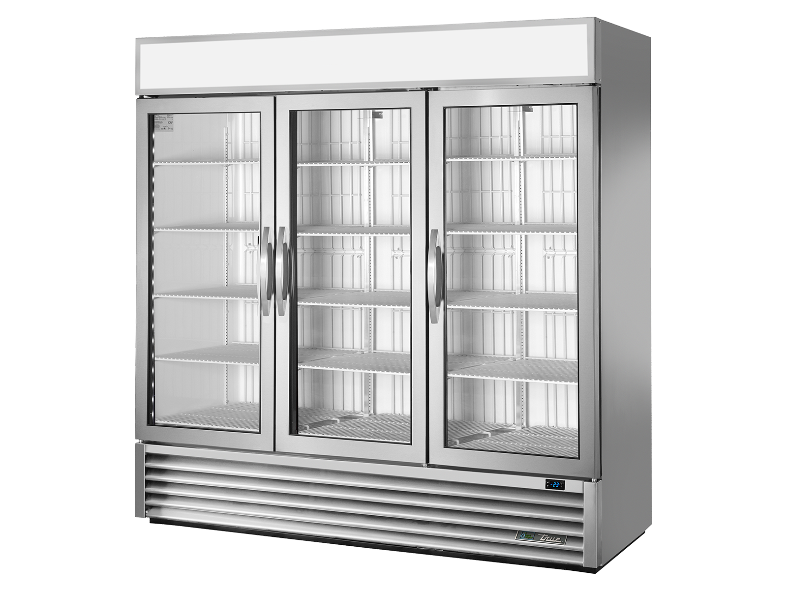 True - Upright Retail Merchandiser Freezer, 3 Full Glass Swing Doors