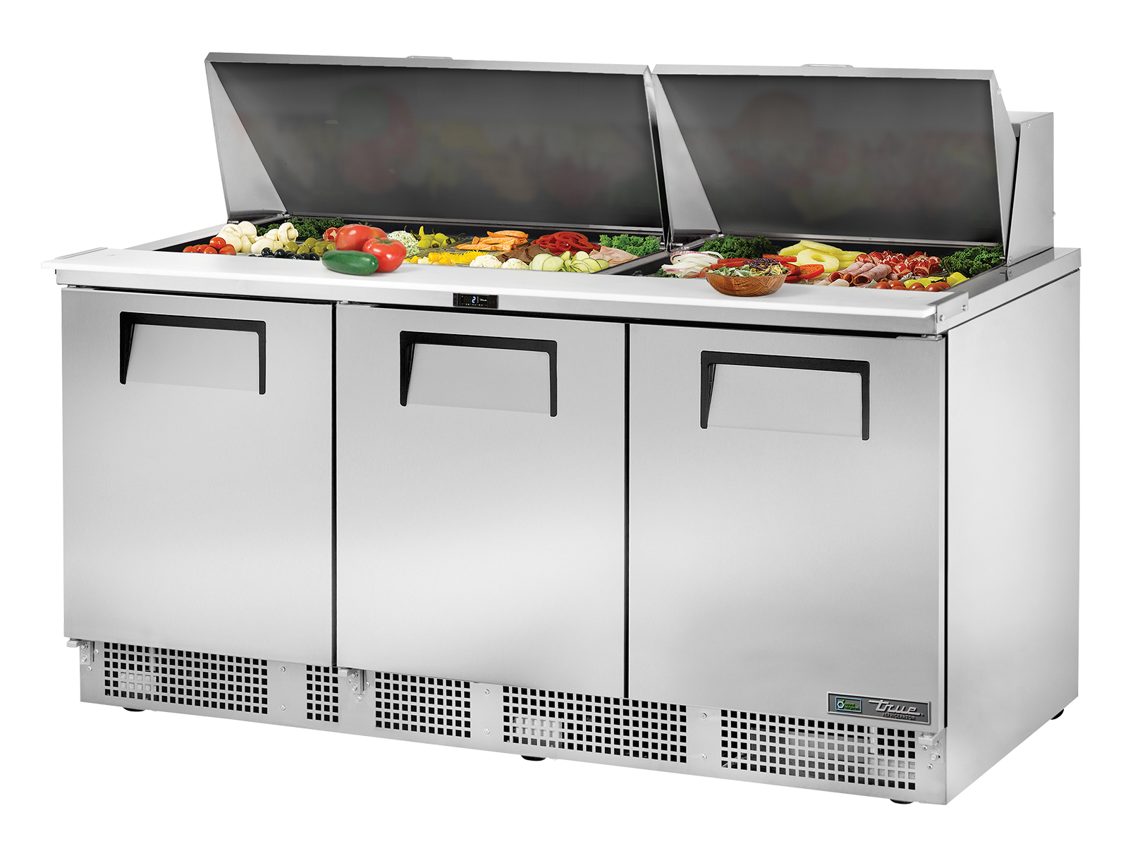 True - Prep Table, 30x 1/6 Top Pans, 3 Solid Swing Doors