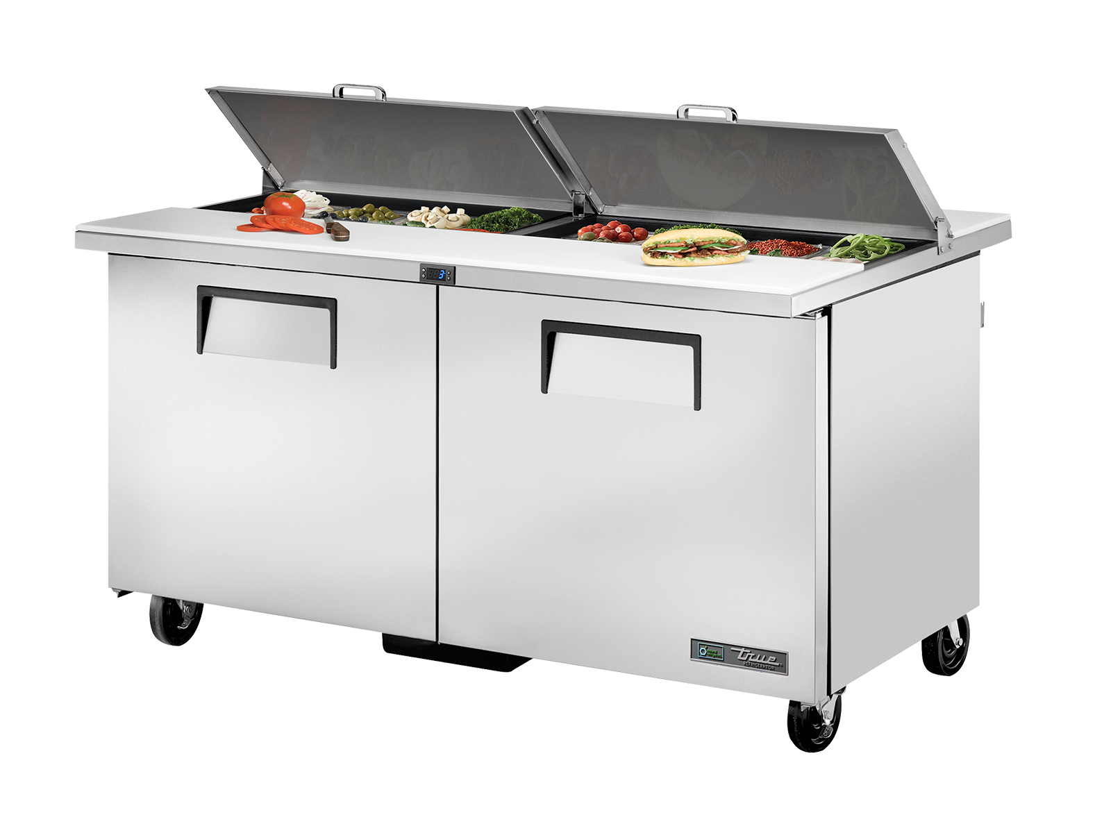 True - "Dual-Sided" Prep Table, 16x 1/6 Top Pans, 2 Solid Swing Doors