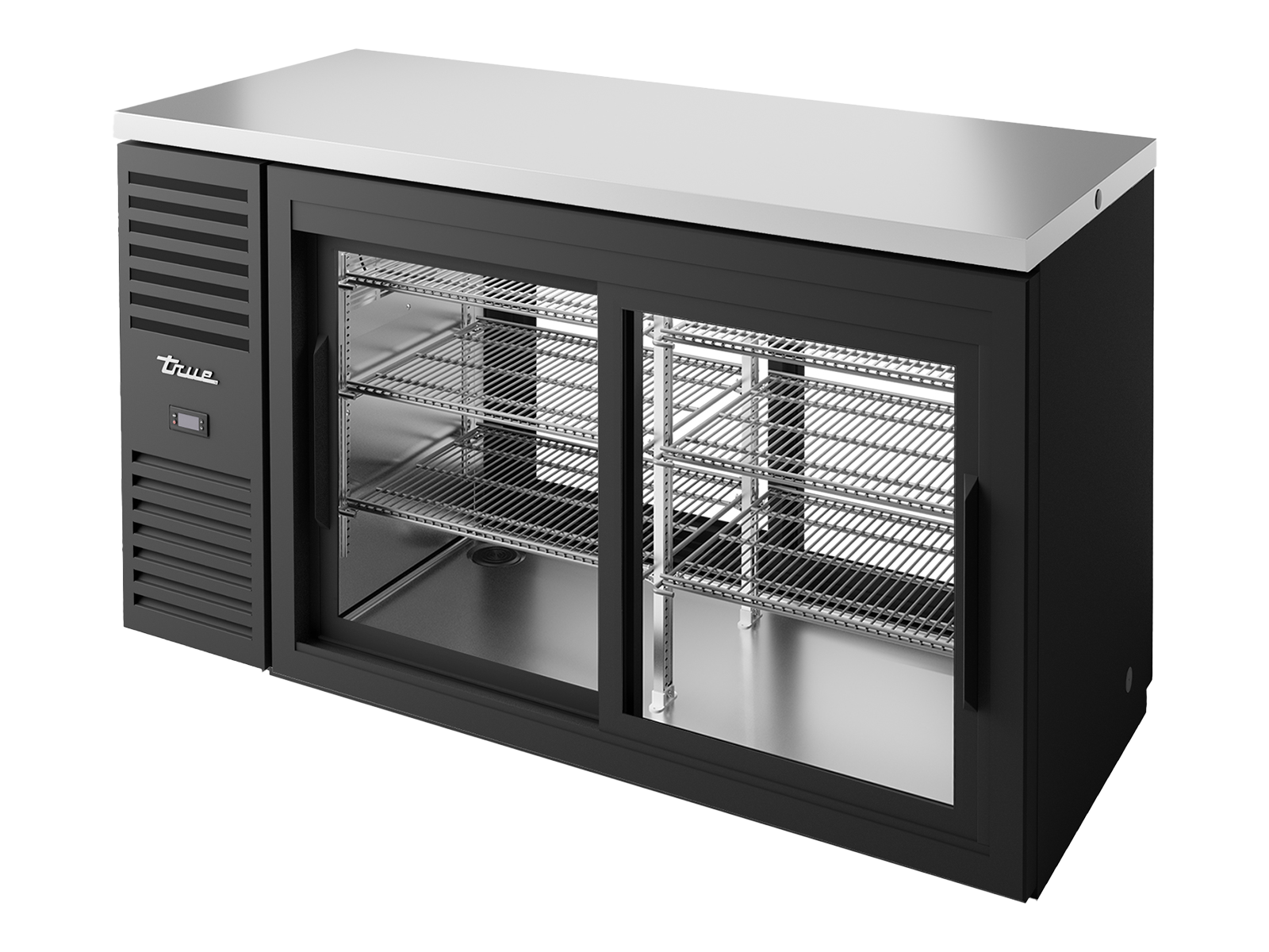 True - "Pass-Thru" Bar Refrigerator, Black Ext, 2 Glass Slide Doors Front, 2 Glass Slide Doors Rear