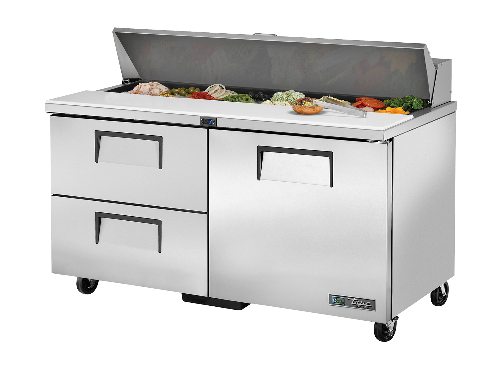 True - Prep Table, 16x 1/6 Top Pans, 2 Drawers + 1 Solid Swing Door