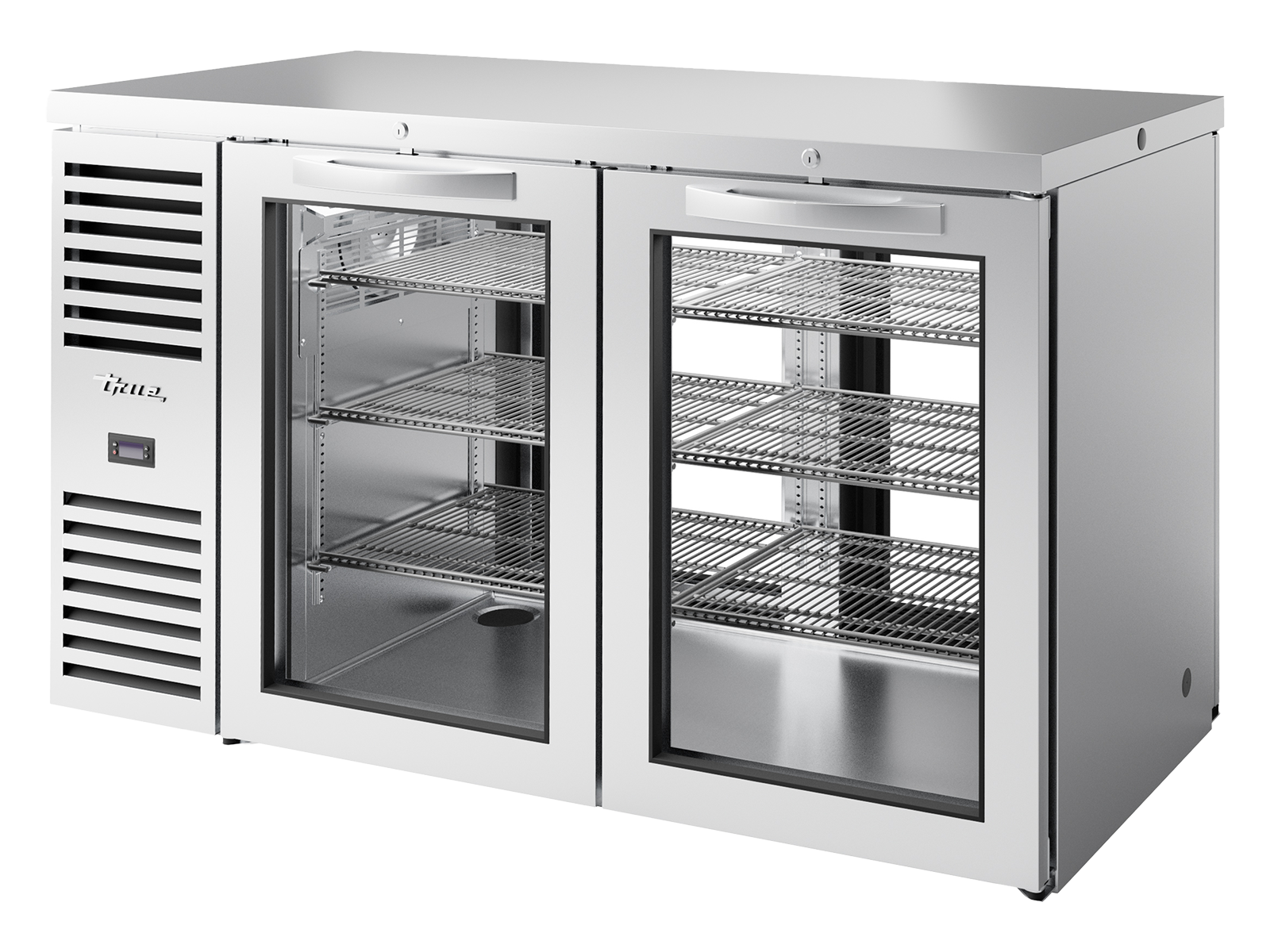 True - "Pass-Thru" Bar Refrigerator, Stainless Steel Ext, 2 Glass Swing Doors Front, 2 Glass Swing Doors Rear