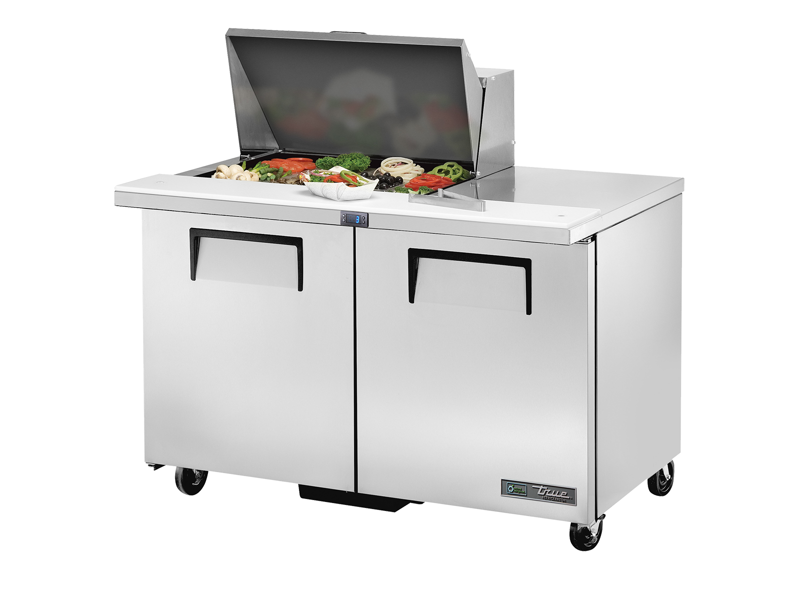 True - Prep Table, 12x 1/6 Top Pans, 2 Solid Swing Doors