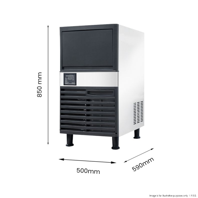 Blizzard Under Bench Ice Maker - Air Cooled - SN-120P dimensions showing 850mm height, 500mm width, and 590mm depth.