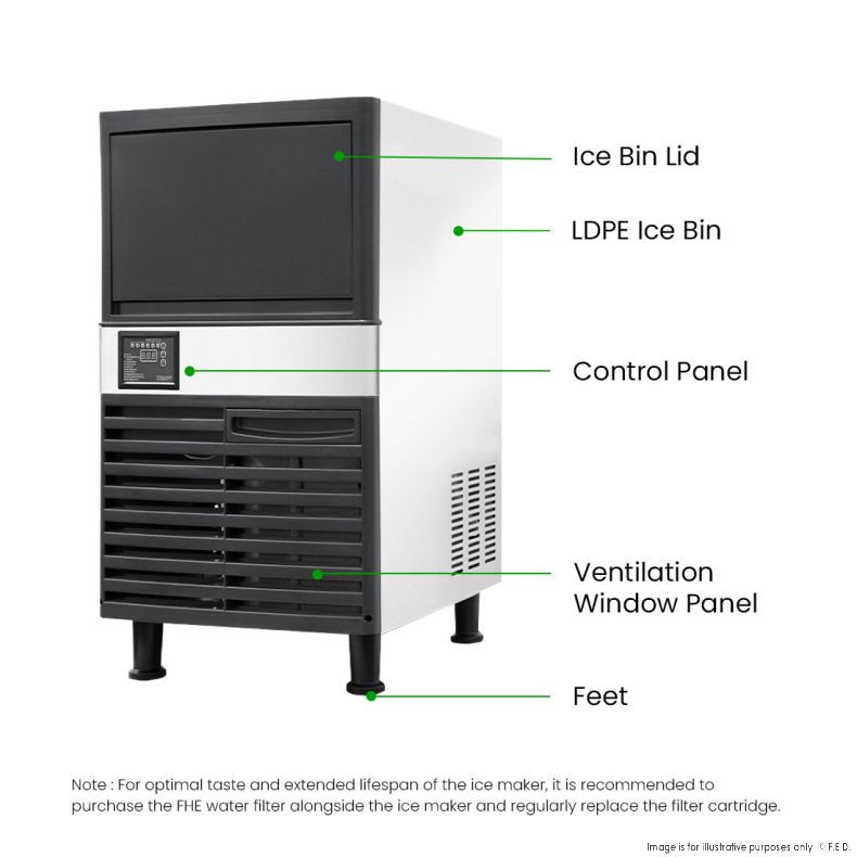 Blizzard Under Bench Ice Maker - Air Cooled - SN-120P with labeled features including ice bin lid and control panel.