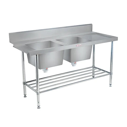 Simply Stainless / SS09.1650DBL / (600 Series) Double Sink Dishwasher Inlet Bench with Splashback - 1650mm Wide, Left Hand Inlet / 48kg / W1650 x D600 x  H900 / Lifetime Warranty
