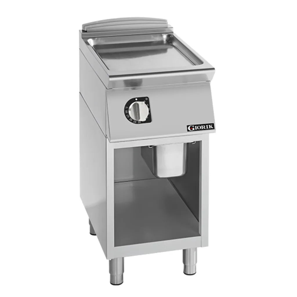 Giorik 900 Series 400mm wide Smooth Satin Chrome Electric Frytop on Open Base FLE92GCRXT