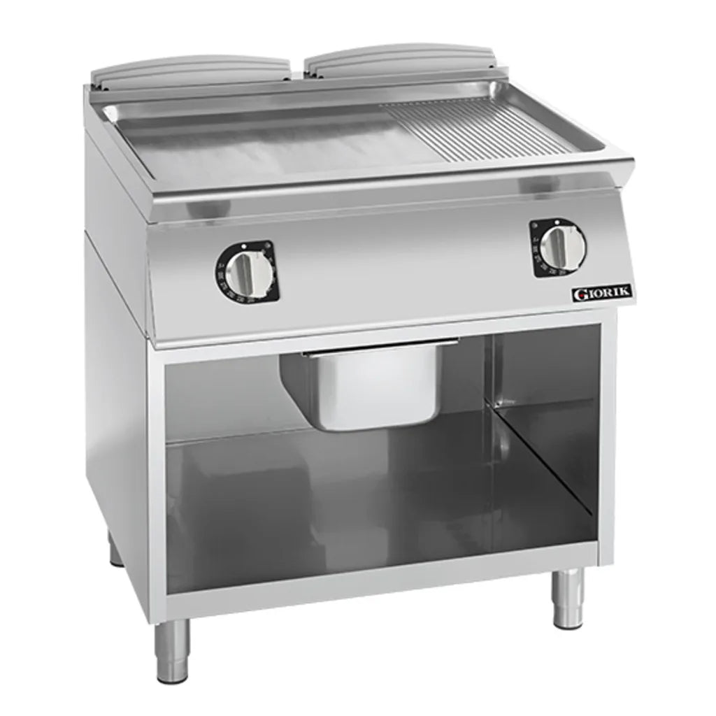 Giorik 700 Series 800mm wide 1/3 Ribbed 2/3 Smooth Satin Chrome Plate Electric Frytop on Open Base FME741GCRXT