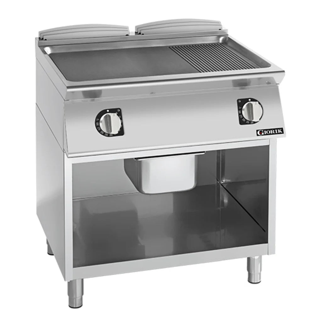 Giorik 900 Series 800mm wide 1/3 Ribbed 2/3 Smooth Mild Steel Electric Frytop on Open Base FME941GFT