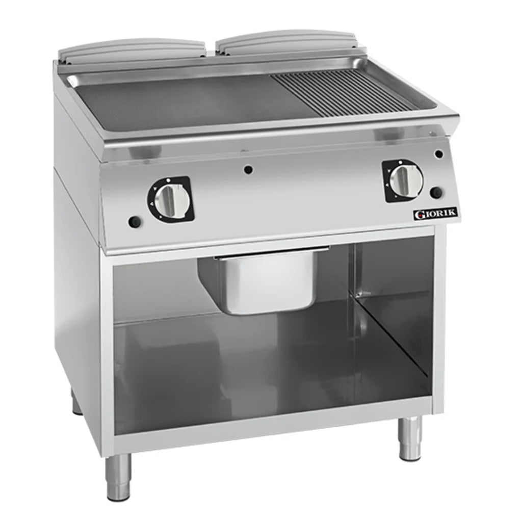 Giorik 900 Series 800mm wide 1/3 Ribbed 2/3 Smooth Mild Steel Gas Frytop on Open Base