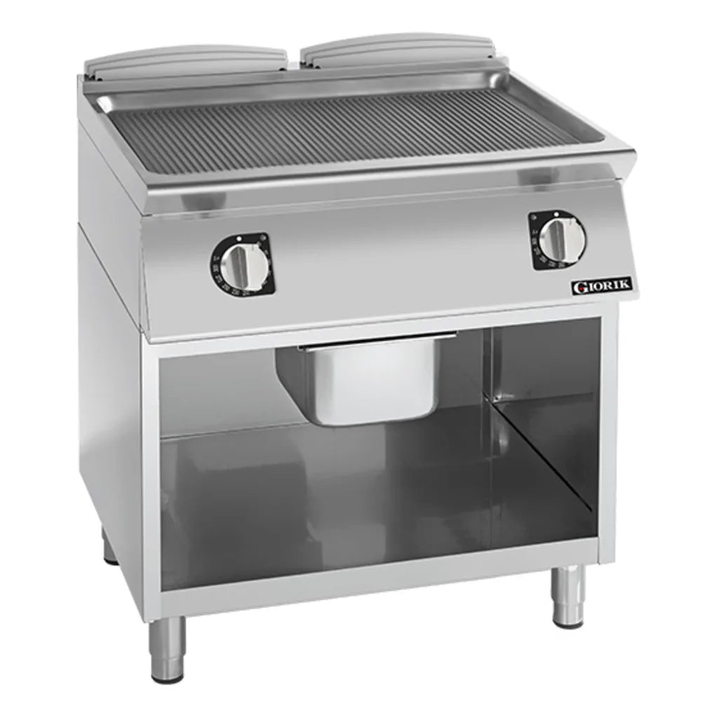 Giorik 700 Series 800mm wide Ribbed Mild Steel Electric Frytop on Open Base FRE741GFT