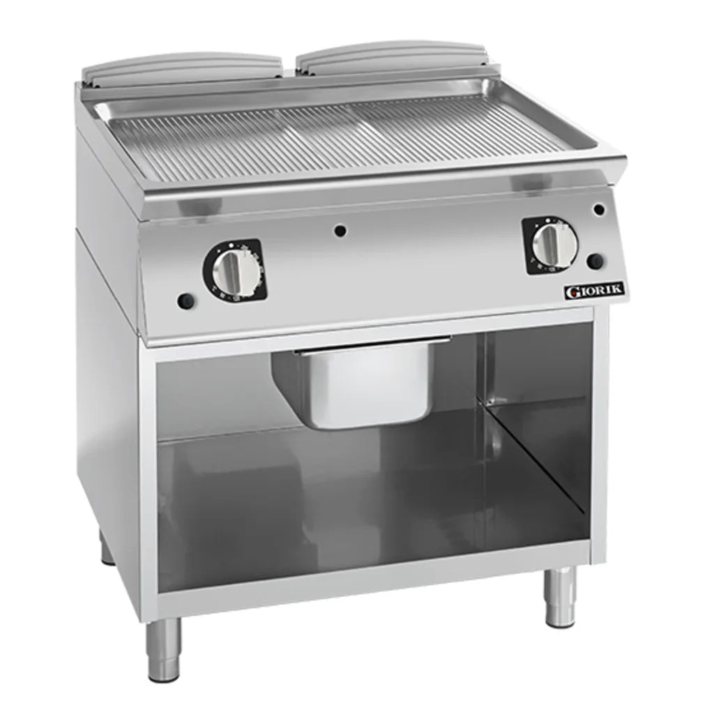 Giorik 900 Series 800mm wide Ribbed Mild Steel Gas Frytop on Open Base FRG941GFT.P