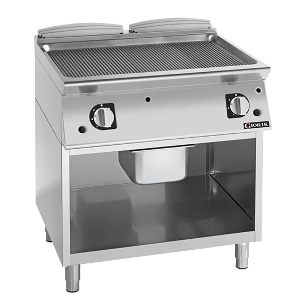 Giorik 700 Series 800mm wide Ribbed Mild Steel Gas Frytop on Open Base FRG741GFT.P