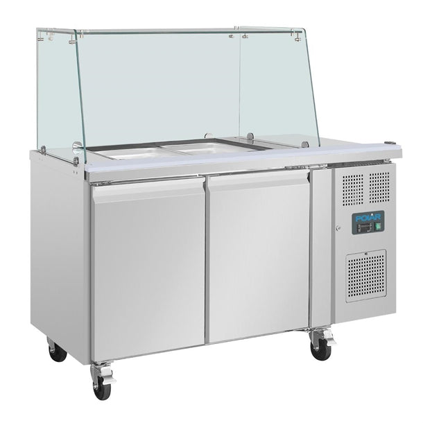 Polar U-Series GN Saladette Counter with Square Sneeze Guard 2 Door - 300W. Capacity: 2 x 1/1 GN. R600a