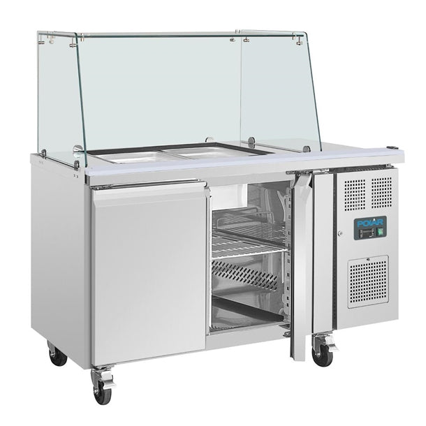 Polar U-Series GN Saladette Counter with Square Sneeze Guard 2 Door - 300W. Capacity: 2 x 1/1 GN. R600a