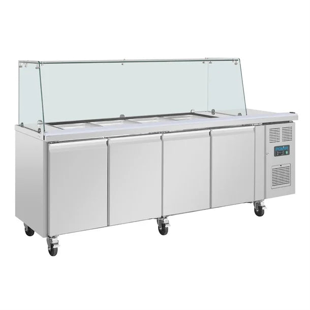 Polar U-Series GN Saladette Counter with Square Sneeze Guard 4 Door - 300W. Capacity: 4 x 1/1 GN. R600a