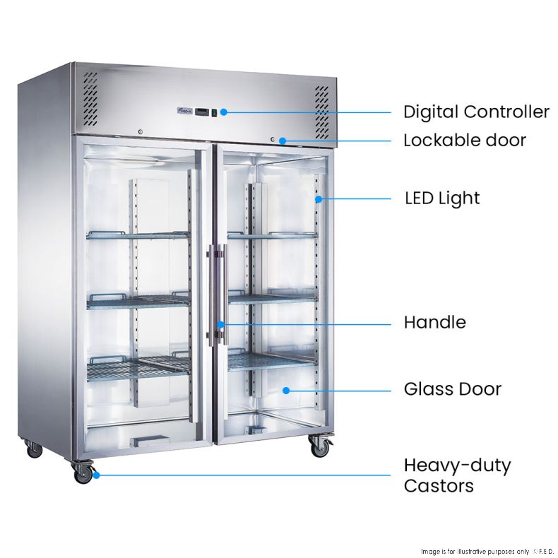 FED-X S/S Two Full Glass Door Upright Fridge - XURC1200G2V - Catering Sale