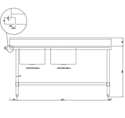Kitchen Knock ASDD-2170RL INLET DOUBLE SINK BENCH with 150MM SPLASH BACK / W2100-D700-H900 mm