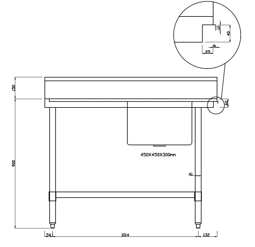 Kitchen Knock ASSD-1270R INLET SINGLE SINK BENCH with 150MM SPLASH BACK / W1200-D700-H900 mm