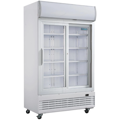 Polar GE581-A Sliding Door Upright Display Cooler with Light Box - 950L / 177Kg / W1200-D730-H2036 mm