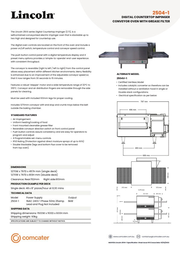 Lincoln 2504-1 Counter Top Impinger Conveyor Oven - Electric/1270w x 797d x 457H / 12m warranty
