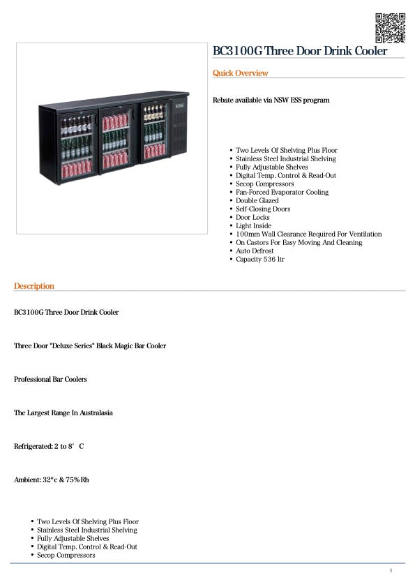 Thermaster BC3100G Three Door Drink Cooler 536L 2002Wide