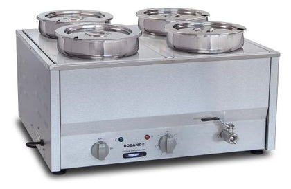 Roband / BM4E / Counter Top Bain Marie - 4 x 200 mm round (7.25 L) pots & lids (1200 Watts;  5.2 Amps) / 20kg / W680 x D560 x H320 / 1Y Warranty