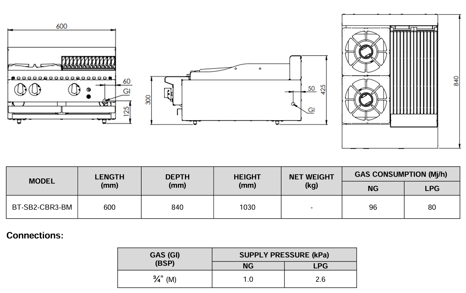 B+S BLACK BT-SB2-CBR3BM Combination Two Open Burners & 300mm Char Broiler