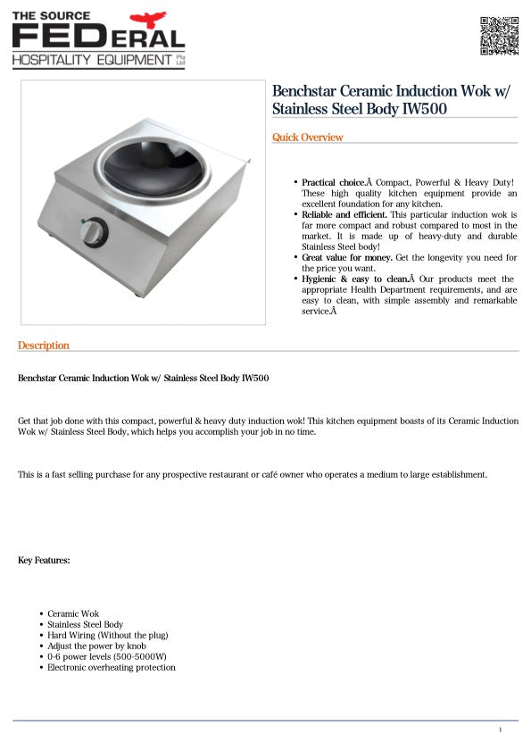 Benchstar IW500 Benchstar Ceramic Induction Wok w/ Stainless Steel Body